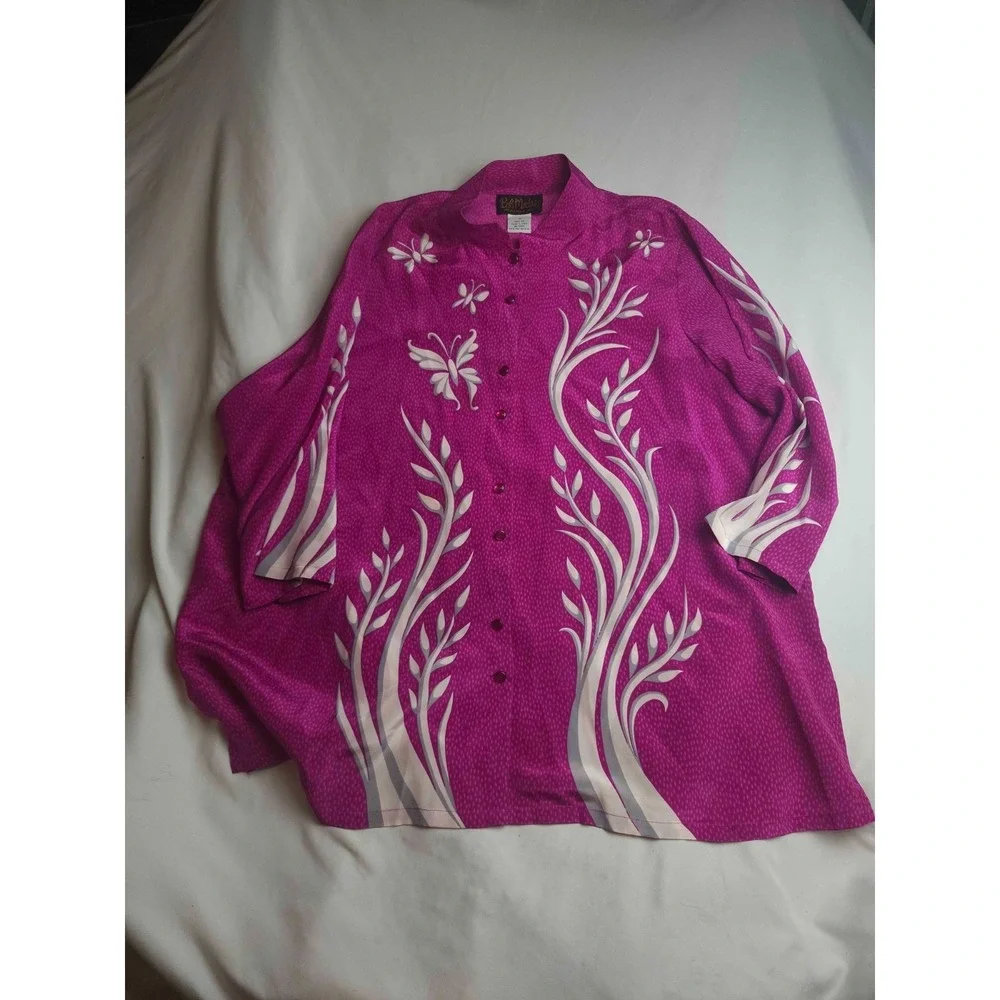 Bob Mackie Wearable Art Shirt Women Size 1X Pink Butterfly Silk Graphic Vintage